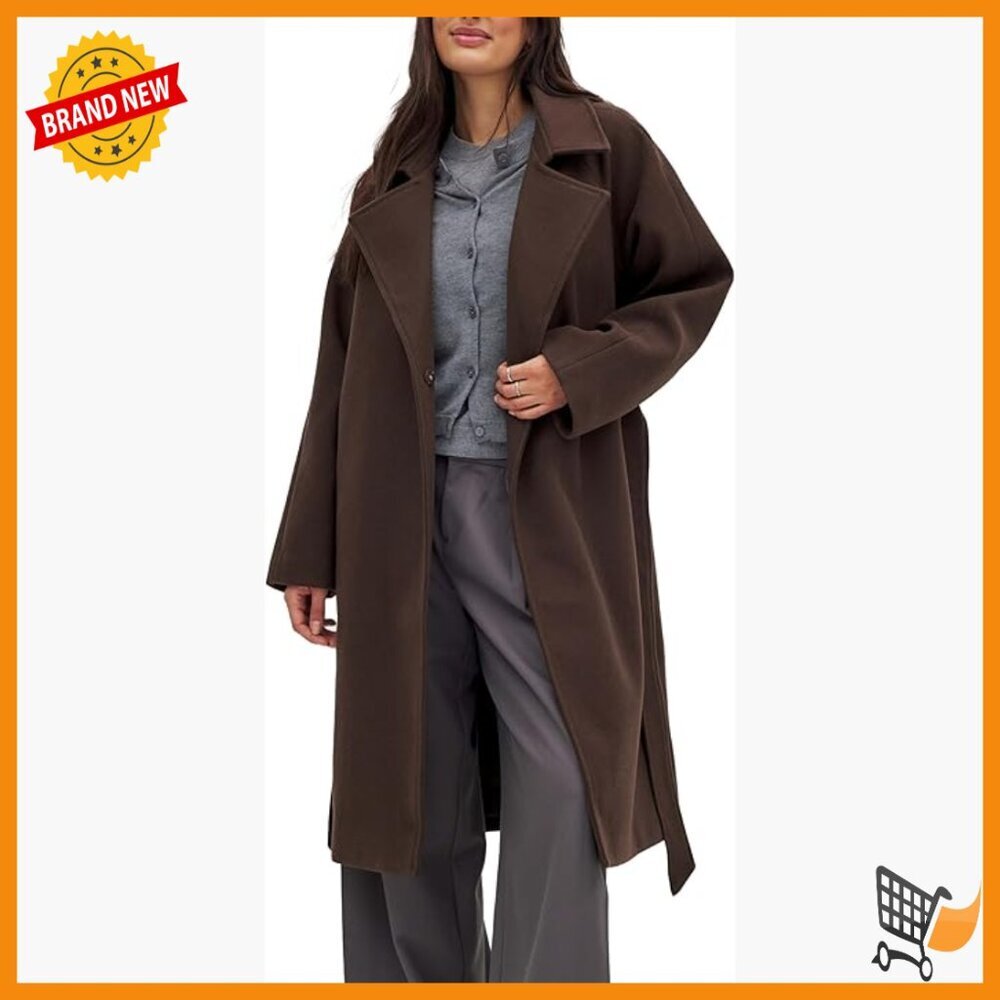 Long Wool Blend Trench Coat with Belt and Pockets, Knee Length